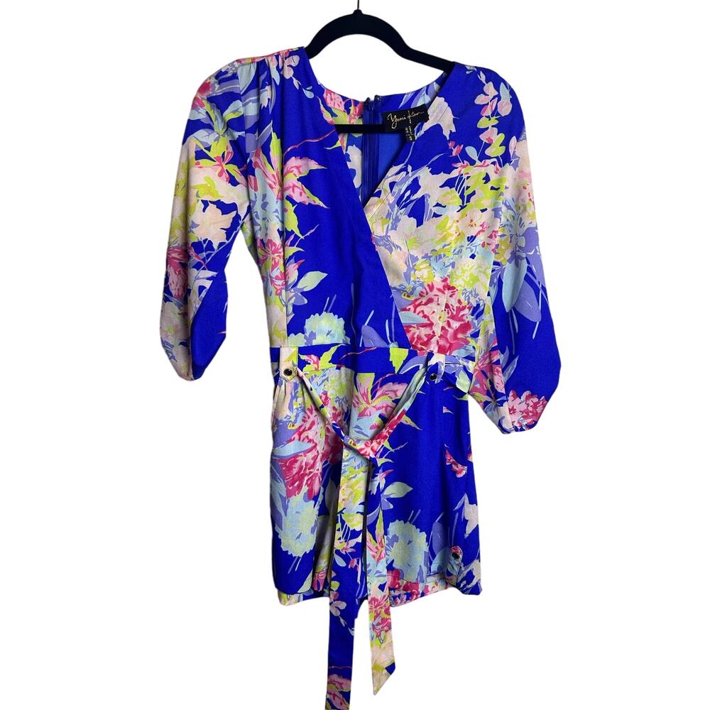 Yumi Kim Romper Size Small Blue Floral V Neck Wrap Spring Lined Shorts